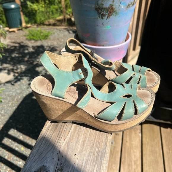Teal Leather Wedge Sandals, Made in Portugal, Fly London, [37] size 6 - 7 - Picture 1 of 3